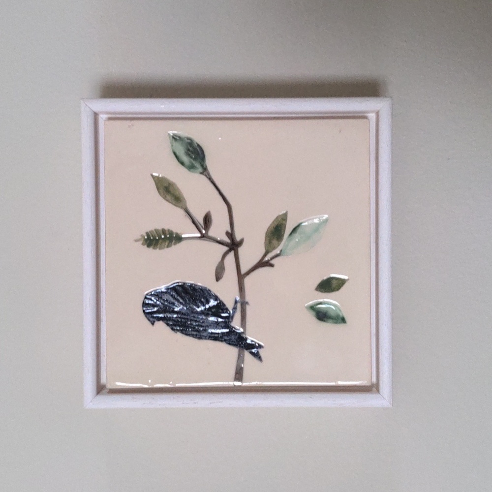 Pentimento Framed Ceramic Wall Tile Handmade Bird On Silver Twig Artwork